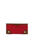 A red leather wallet with brown leather trim and gold-tone metal snap buttons, shown against a plain white background.