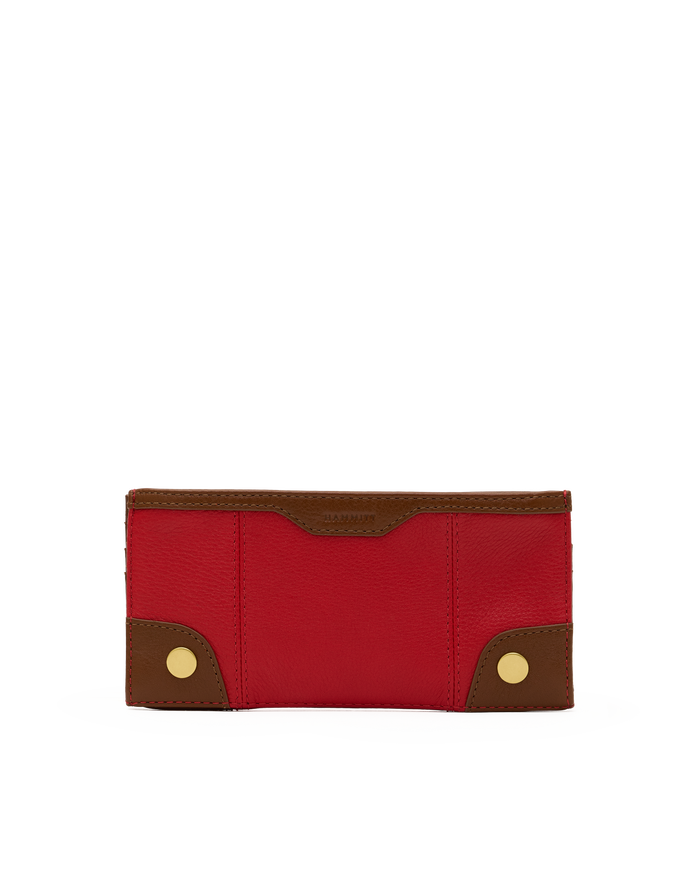 A red leather wallet with brown leather trim and gold-tone metal snap buttons, shown against a plain white background.
