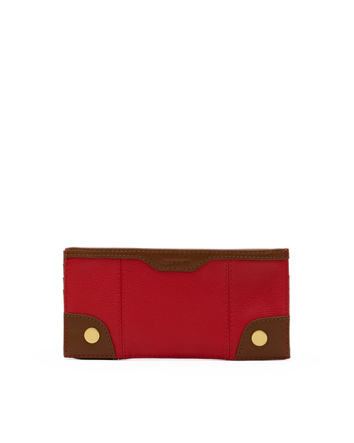 A red leather wallet with brown leather trim and gold-tone metal snap buttons, shown against a plain white background.