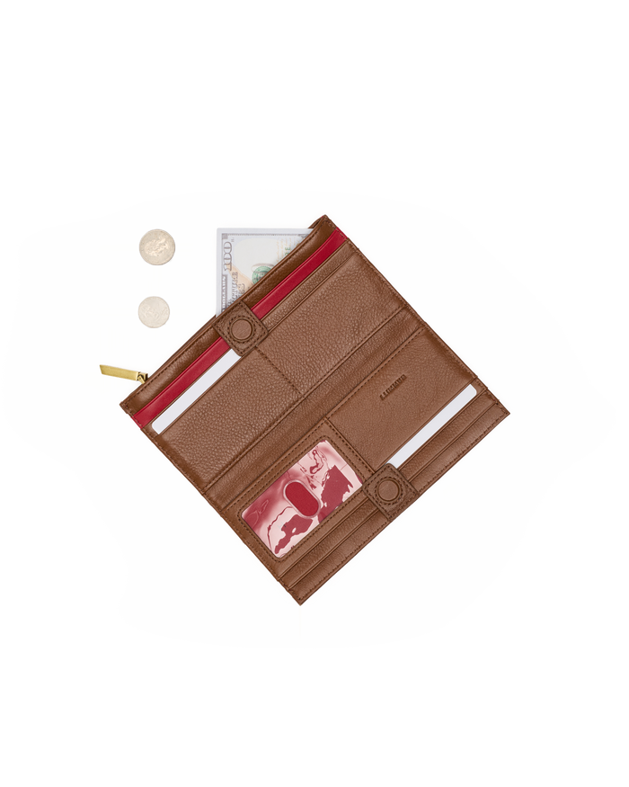 A brown textured leather zippered wallet shown open on a white background, containing cards, cash, and coins.