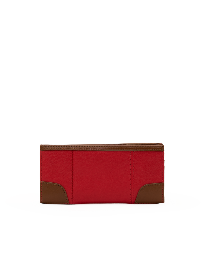 A red leather wallet with brown leather corner accents and trim, shown against a plain white background.
