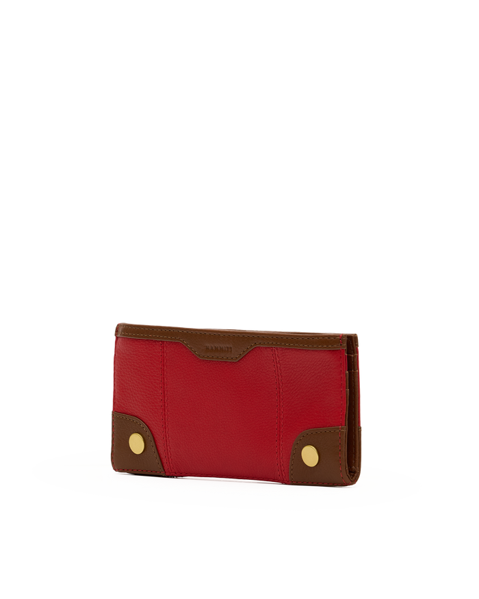 A red leather wallet with brown leather trim and gold-tone snap button accents on the front corners, shown on a plain white background.