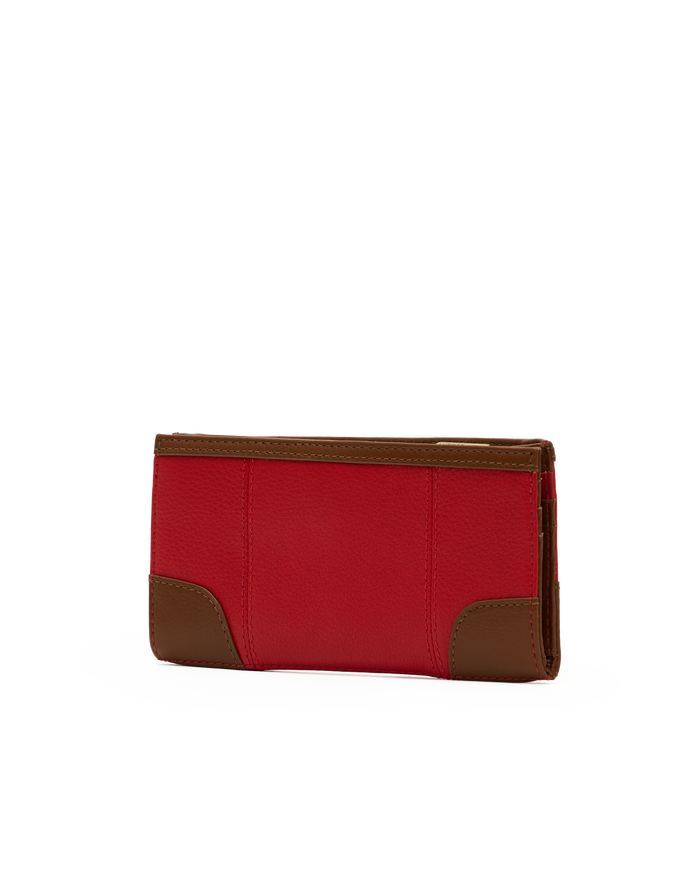 A red pebbled leather wallet with brown leather corner and trim accents, shown from a side profile view on a plain white background.