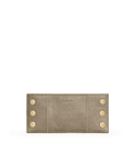 A slim, rectangular taupe leather wallet with gold-tone metal studs on the sides and a debossed brand name in the center, shown against a plain white background.