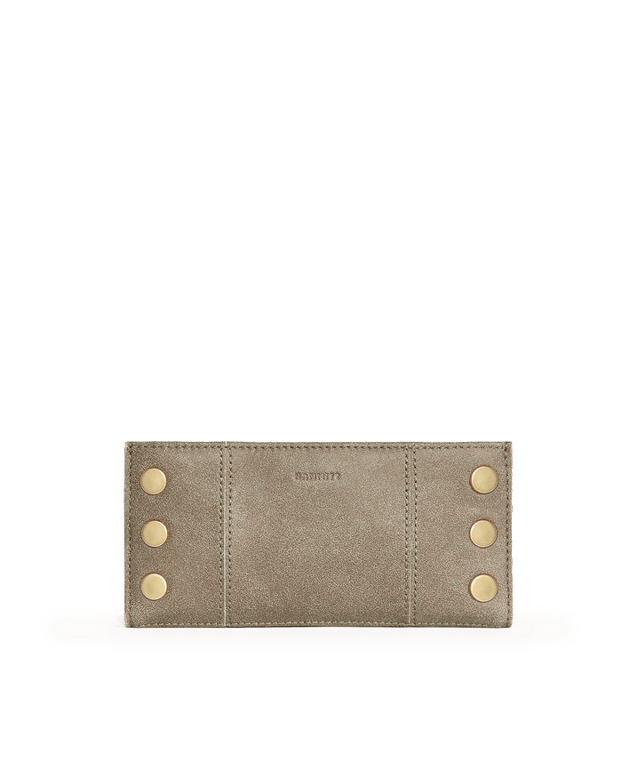 A slim, rectangular taupe leather wallet with gold-tone metal studs on the sides and a debossed brand name in the center, shown against a plain white background.
