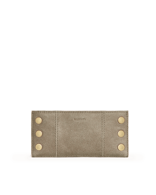 A slim, rectangular taupe leather wallet with gold-tone metal studs on the sides and a debossed brand name in the center, shown against a plain white background.