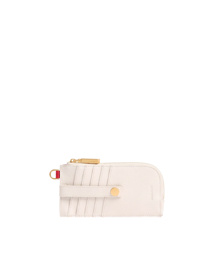White wallet with gold accents on a white background