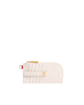 White wallet with gold accents on a white background