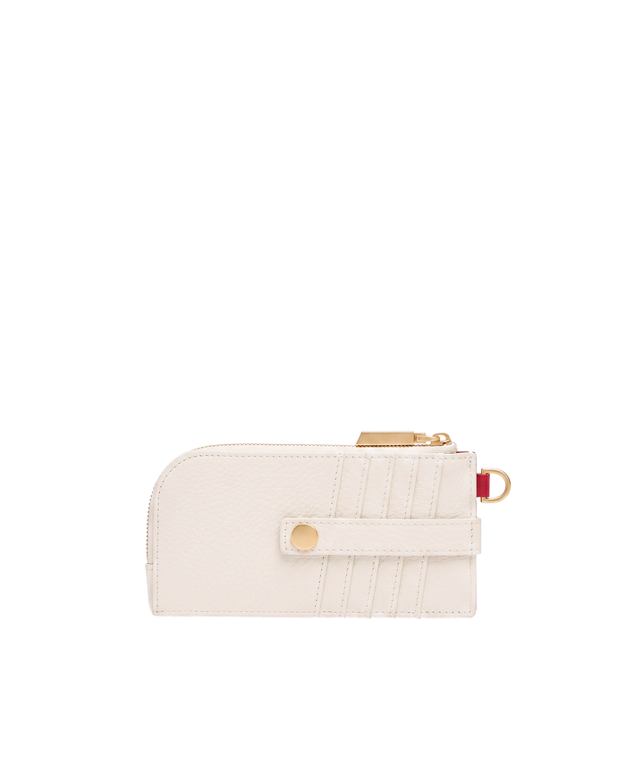 White wallet with gold accents on a white background