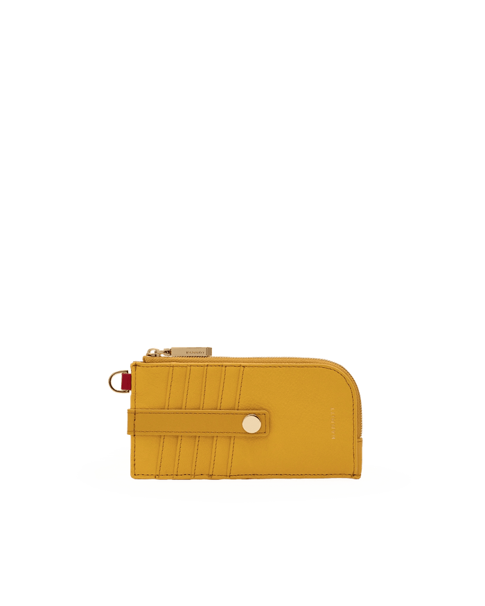 A yellow leather zip-around card holder wallet with gold-tone hardware, shown against a plain white background.