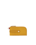 A yellow leather zip-around card holder wallet with gold-tone hardware, shown against a plain white background.