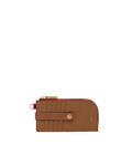 Brown leather wallet with gold zipper and buckle on a white background
