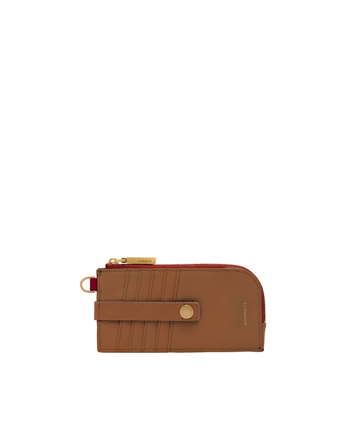 Brown leather wallet with gold zipper and buckle on a white background