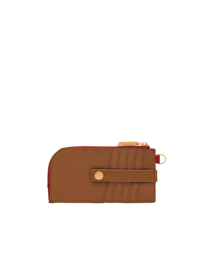 Brown leather wallet with gold zipper pull on a white background