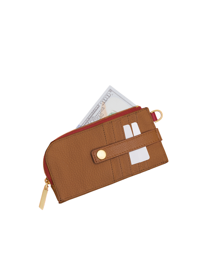 Brown wallet with card slots and a zipper on a white background
