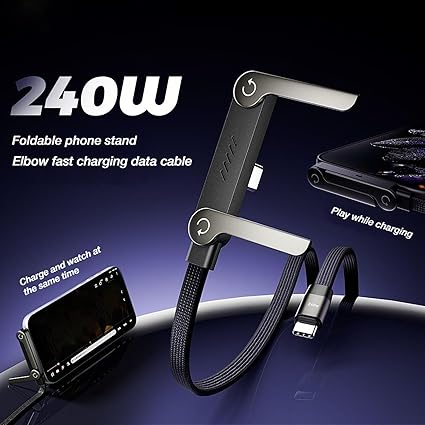 📱 240 W pintas greito įkrovimo laidas su įmontuotu telefono laikikliu – naujas 2026 m. sulankstomas patvarus USB-C tipo C laidas (2 vnt. pakuotėje)-LT