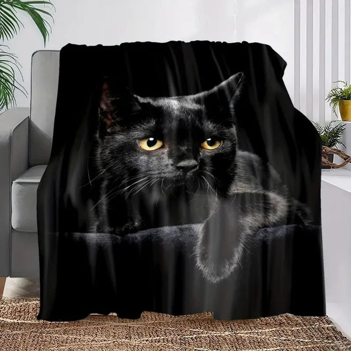 Adorable manta de franela con estampado de gato negro.-ES