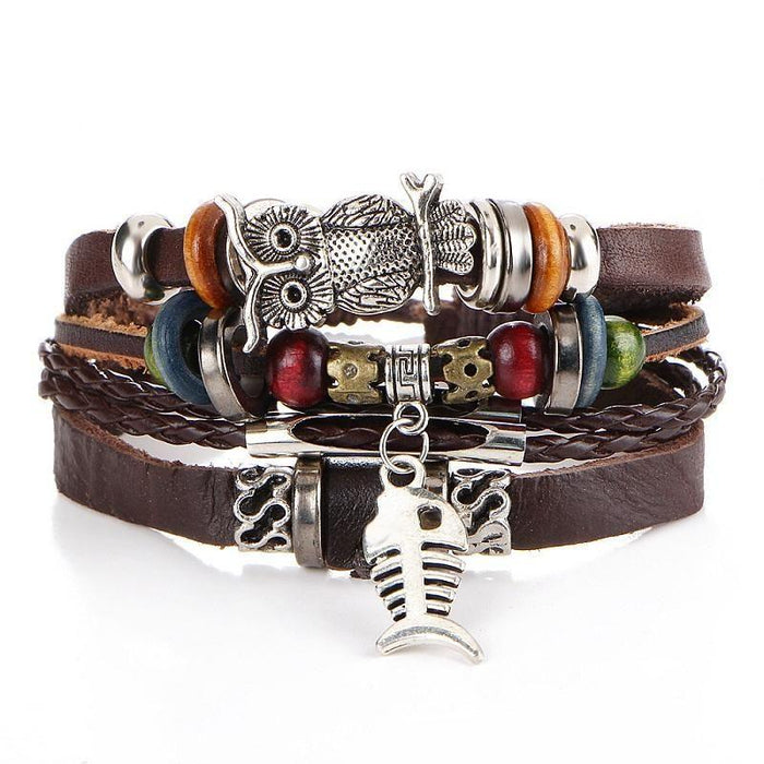 Beaded Fish Bone Owl Bracelet Retro Punk Leather Band With Colorful Stone Centerpiece For Punk Fashion Fans