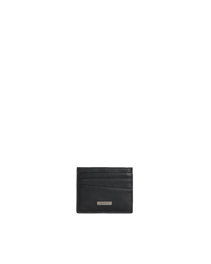 A black textured leather card holder wallet set against a solid white background.