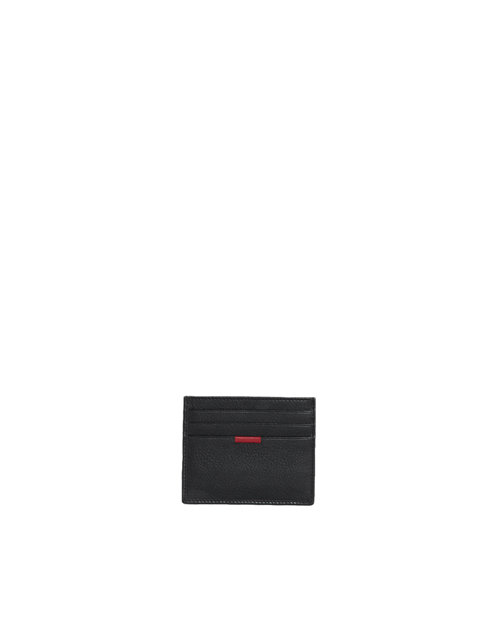 A black textured leather card holder with a small red brand tab on the front, centered against a solid white background.