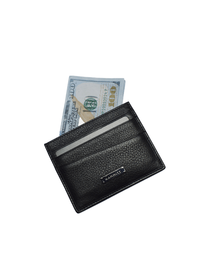 A black textured leather card holder wallet with a small silver-tone metal brand plaque reading 'HAMMITT' on the front.