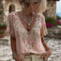 Camiseta de mujer de manga corta con cuello en V y bordado floral, confeccionada en mezcla de lino.-ES