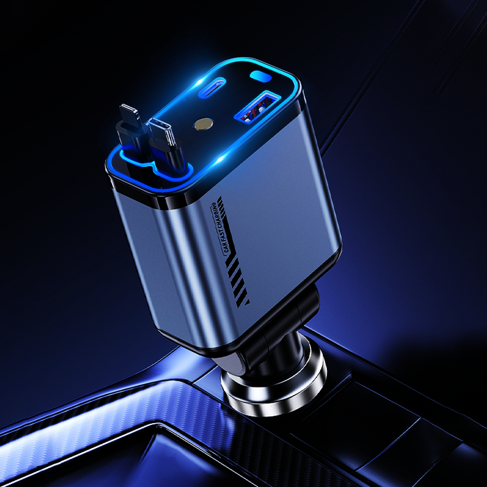 Cargador de coche multifuncional con carga rápida y cable retráctil | Compatible con todos los smartphones-ES