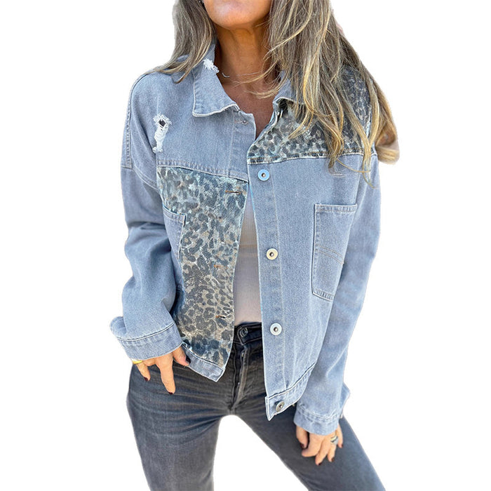Chaqueta vaquera a la moda con estampado de leopardo y diseño patchwork.-ES