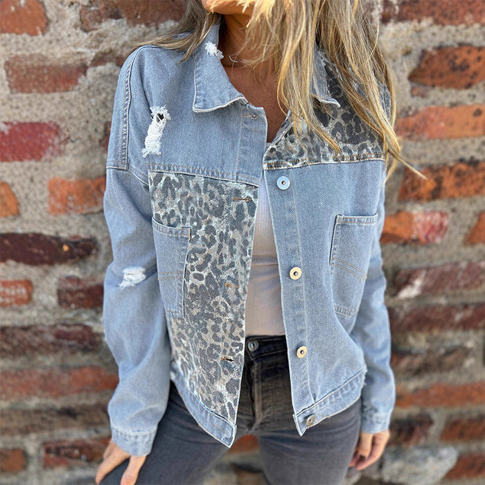 Chaqueta vaquera a la moda con estampado de leopardo y diseño patchwork.-ES