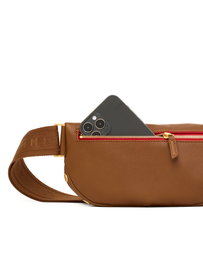 Charles Crossbody | Mahogany Pebble/Brushed Gold Red Zip | Med