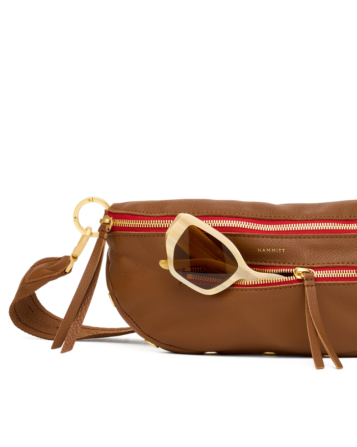 Charles Crossbody | Mahogany Pebble/Brushed Gold Red Zip | Med