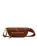 Brown leather waist bag with gold zipper on a white background