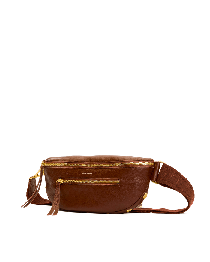 Brown leather waist bag with gold zipper on a white background