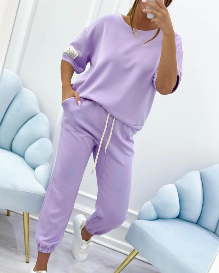 Conjunto casual de mujer con top y pantalón lisos.-ES