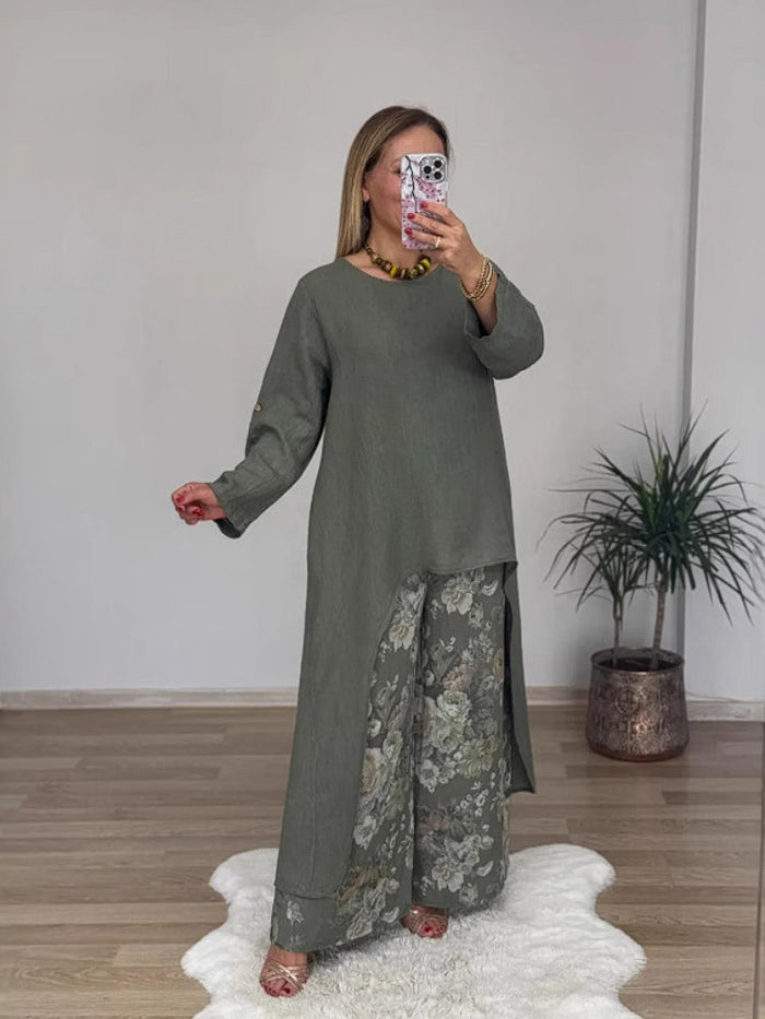 Conjunto casual de top irregular y pantalón ancho en algodón y lino-ES