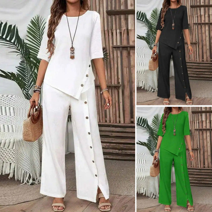 🌿Conjunto de dos piezas para mujer: Top de bajo irregular y pantalón ancho☁️-ES