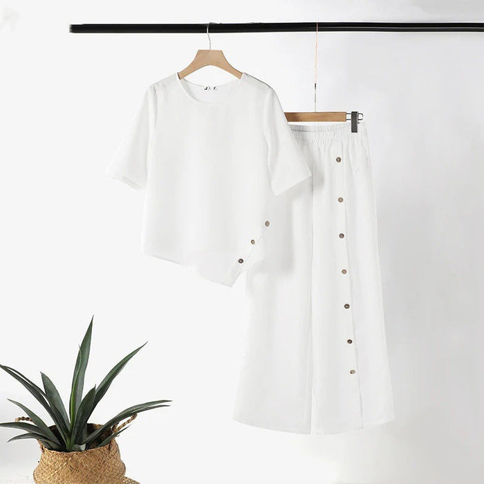 🌿Conjunto de dos piezas para mujer: Top de bajo irregular y pantalón ancho☁️-ES