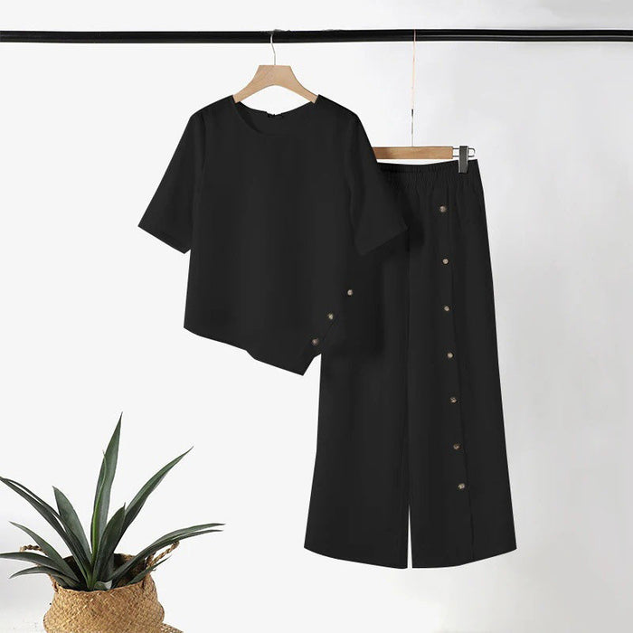 🌿Conjunto de dos piezas para mujer: Top de bajo irregular y pantalón ancho☁️-ES