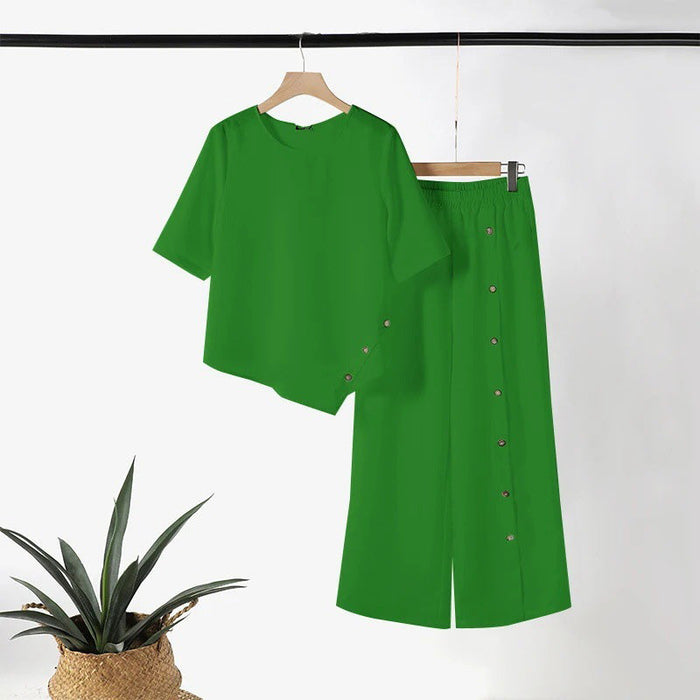 🌿Conjunto de dos piezas para mujer: Top de bajo irregular y pantalón ancho☁️-ES