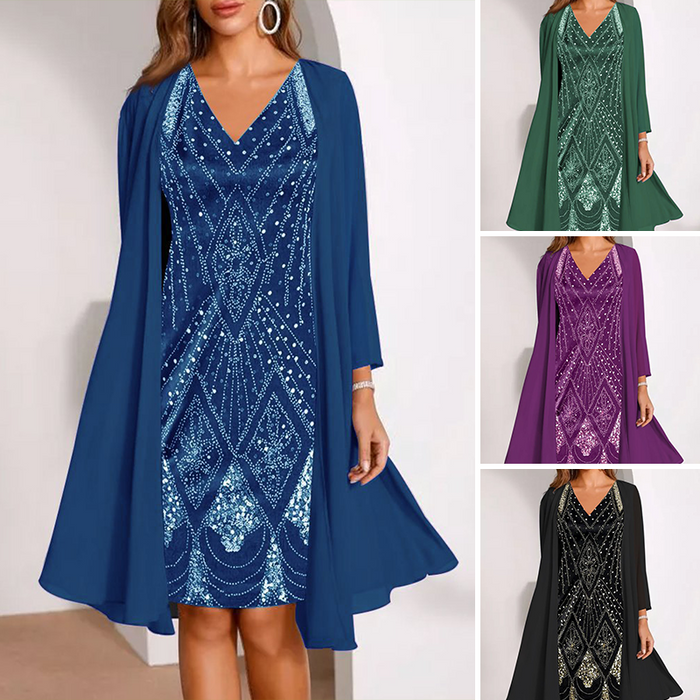 Conjunto de mujer: Vestido con escote en pico y chaqueta larga vaporosa-ES