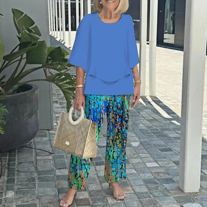 Conjunto de pantalón estampado de manga corta y cuello redondo casual para mujer-ES