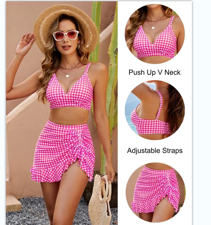 Conjuntos de bikini de cintura alta para mujer con control de abdomen y cuadros.-ES
