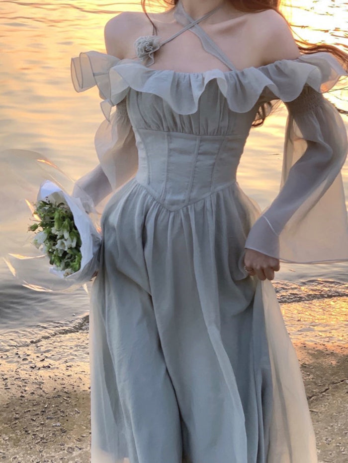 Elegant Ruffle High Waist Dress for Women With Slash Neck Empire Silhouette Long Dress