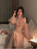 Elegant Ruffle High Waist Dress for Women With Slash Neck Empire Silhouette Long Dress