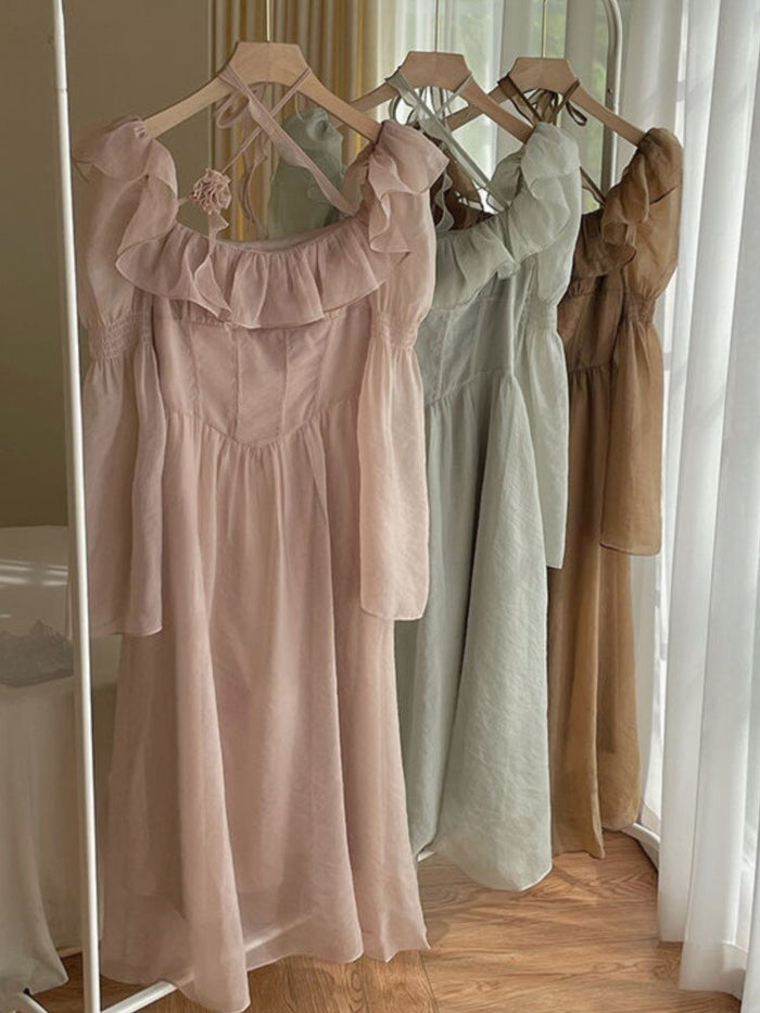 Elegant Ruffle High Waist Dress for Women With Slash Neck Empire Silhouette Long Dress