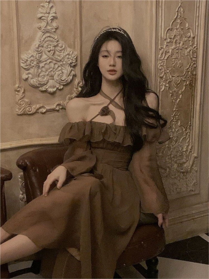 Elegant Ruffle High Waist Dress for Women With Slash Neck Empire Silhouette Long Dress