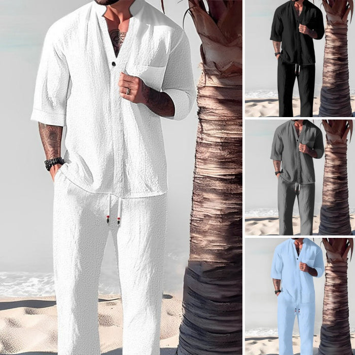 ❄️Elegante conjunto de pantalón y blusa de dos piezas de lino y algodón para hombre-ES