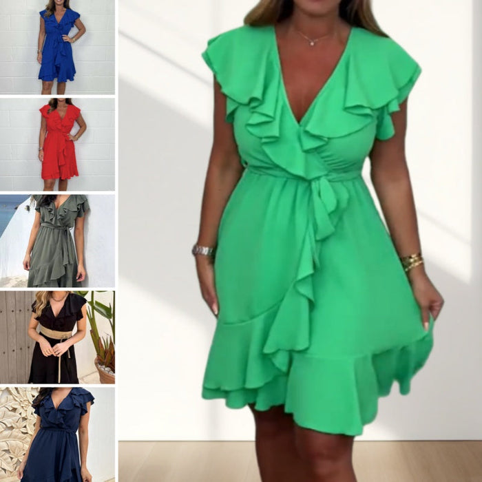 🔥Elegante vestido con volantes y escote en V para mujer con cintura anudada-ES