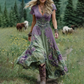 Elegante vestido largo corto en tonos morados y lavanda con estampado floral.-ES