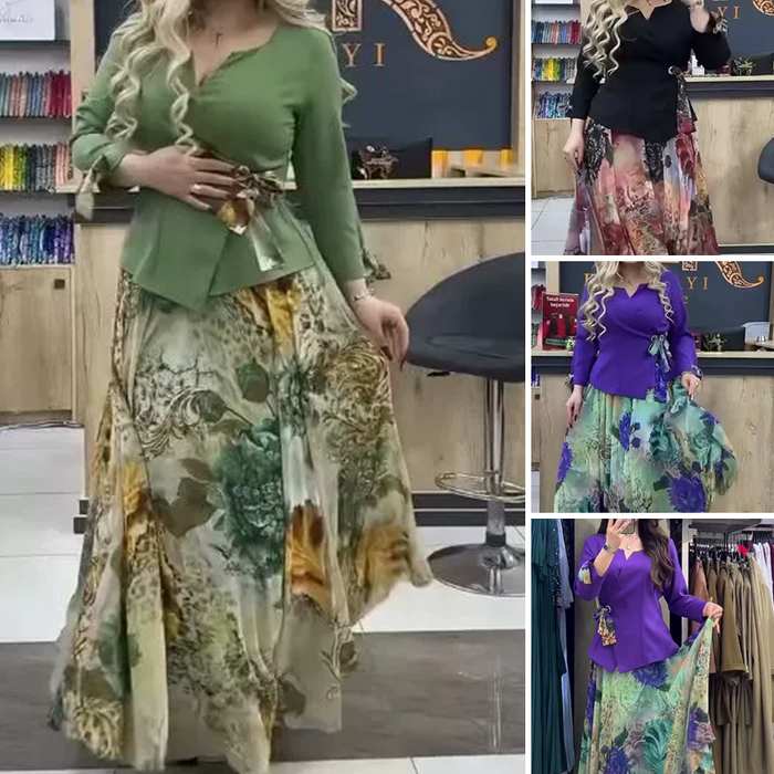 💜Elegantiškas dviejų dalių komplektas – palaidinė ir sijonas su gėlių motyvais